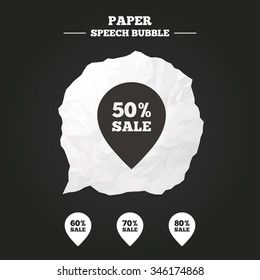 Sale pointer tag icons. Discount special offer symbols. 50%, 60%, 70% and 80% percent sale signs. Paper speech bubble with icon.