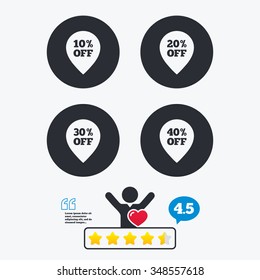 Sale pointer tag icons. Discount special offer symbols. 10%, 20%, 30% and 40% percent off signs. Star vote ranking. Client like and think bubble. Quotes with message.