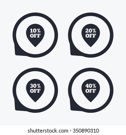 Sale pointer tag icons. Discount special offer symbols. 10%, 20%, 30% and 40% percent off signs. Flat icon pointers.