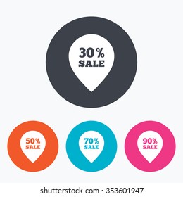 Sale pointer tag icons. Discount special offer symbols. 30%, 50%, 70% and 90% percent sale signs. Circle flat buttons with icon.
