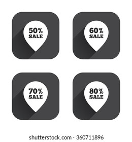 Sale pointer tag icons. Discount special offer symbols. 50%, 60%, 70% and 80% percent sale signs. Square flat buttons with long shadow.