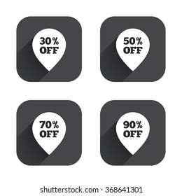 Sale pointer tag icons. Discount special offer symbols. 30%, 50%, 70% and 90% percent off signs. Square flat buttons with long shadow.