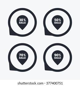 Sale pointer tag icons. Discount special offer symbols. 30%, 50%, 70% and 90% percent sale signs. Flat icon pointers.
