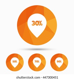 Sale pointer tag icons. Discount special offer symbols. 30%, 50%, 70% and 90% percent discount signs. Triangular low poly buttons with shadow. Vector