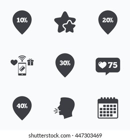Sale pointer tag icons. Discount special offer symbols. 10%, 20%, 30% and 40% percent discount signs. Flat talking head, calendar icons. Stars, like counter icons. Vector
