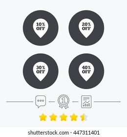 Sale pointer tag icons. Discount special offer symbols. 10%, 20%, 30% and 40% percent off signs. Chat, award medal and report linear icons. Star vote ranking. Vector