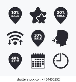 Sale pointer tag icons. Discount special offer symbols. 10%, 20%, 30% and 40% percent sale signs. Wifi internet, favorite stars, calendar and clock. Talking head. Vector