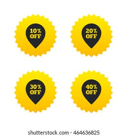 Sale pointer tag icons. Discount special offer symbols. 10%, 20%, 30% and 40% percent off signs. Yellow stars labels with flat icons. Vector