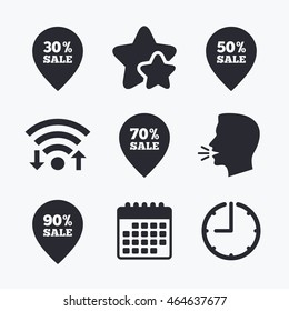 Sale pointer tag icons. Discount special offer symbols. 30%, 50%, 70% and 90% percent sale signs. Wifi internet, favorite stars, calendar and clock. Talking head. Vector