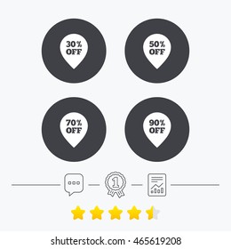 Sale pointer tag icons. Discount special offer symbols. 30%, 50%, 70% and 90% percent off signs. Chat, award medal and report linear icons. Star vote ranking. Vector