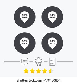Sale pointer tag icons. Discount special offer symbols. 10%, 20%, 30% and 40% percent sale signs. Chat, award medal and report linear icons. Star vote ranking. Vector