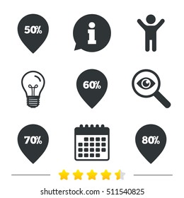 Sale pointer tag icons. Discount special offer symbols. 50%, 60%, 70% and 80% percent discount signs. Information, light bulb and calendar icons. Investigate magnifier. Vector