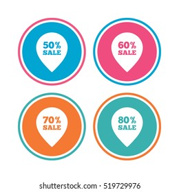 Sale pointer tag icons. Discount special offer symbols. 50%, 60%, 70% and 80% percent sale signs. Colored circle buttons. Vector