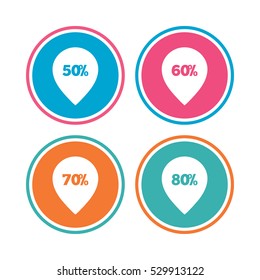 Sale pointer tag icons. Discount special offer symbols. 50%, 60%, 70% and 80% percent discount signs. Colored circle buttons. Vector