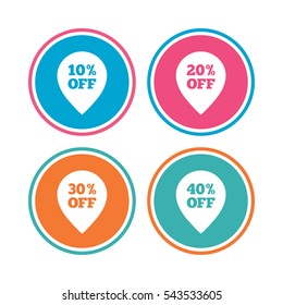 Sale pointer tag icons. Discount special offer symbols. 10%, 20%, 30% and 40% percent off signs. Colored circle buttons. Vector