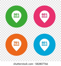 Sale pointer tag icons. Discount special offer symbols. 50%, 60%, 70% and 80% percent sale signs. Round buttons on transparent background. Vector