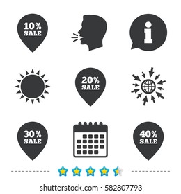 Sale pointer tag icons. Discount special offer symbols. 10%, 20%, 30% and 40% percent sale signs. Information, go to web and calendar icons. Sun and loud speak symbol. Vector