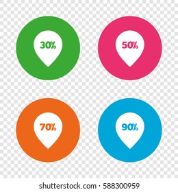 Sale pointer tag icons. Discount special offer symbols. 30%, 50%, 70% and 90% percent discount signs. Round buttons on transparent background. Vector