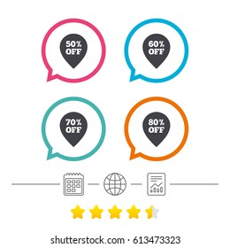 Sale pointer tag icons. Discount special offer symbols. 50%, 60%, 70% and 80% percent off signs. Calendar, internet globe and report linear icons. Star vote ranking. Vector
