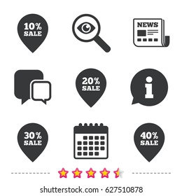 Sale pointer tag icons. Discount special offer symbols. 10%, 20%, 30% and 40% percent sale signs. Newspaper, information and calendar icons. Investigate magnifier, chat symbol. Vector