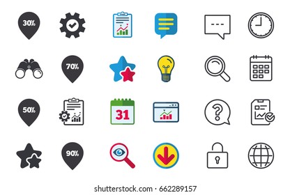 Sale pointer tag icons. Discount special offer symbols. 30%, 50%, 70% and 90% percent discount signs. Chat, Report and Calendar signs. Stars, Statistics and Download icons. Question, Clock and Globe