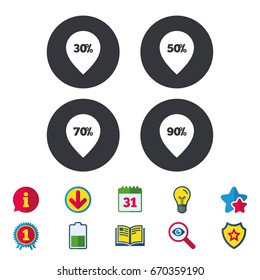 Sale pointer tag icons. Discount special offer symbols. 30%, 50%, 70% and 90% percent discount signs. Calendar, Information and Download signs. Stars, Award and Book icons. Vector