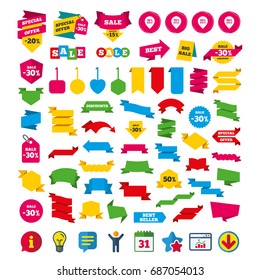 Sale pointer tag icons. Discount special offer symbols. 30%, 50%, 70% and 90% percent sale signs. Shopping tags, banners and coupons signs. Calendar, Information and Download icons. Vector