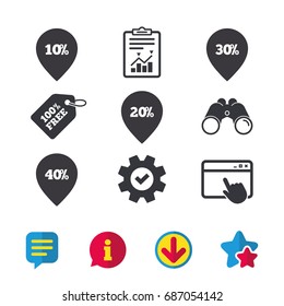 Sale pointer tag icons. Discount special offer symbols. 10%, 20%, 30% and 40% percent discount signs. Browser window, Report and Service signs. Binoculars, Information and Download icons. Vector