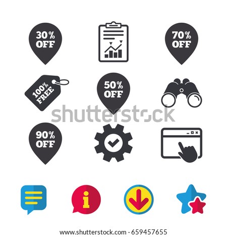 Sale pointer tag icons. Discount special offer symbols. 30%, 50%, 70% and 90% percent off signs. Browser window, Report and Service signs. Binoculars, Information and Download icons. Stars and Chat