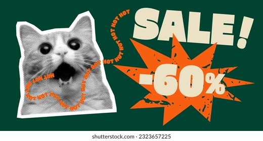 Sale pop art collage with cat. Psychedelic, surreal art. Discounts vector grunge banner. Vector illustration.