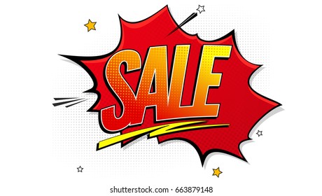 Sale pop art splash background, explosion in comics book style. Advertising signboard, price reduction, sale with halftone dots, clouds beams on white backdrop. Vector for ad, covers, posters.