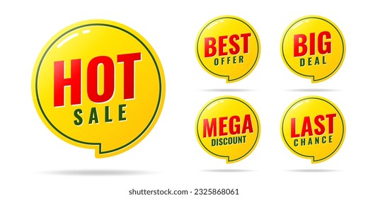 Sale pop-up banner yellow stickers label with different. hot sale, best offer, big deal, mega discount, last chance price reduction badge promotion design emblem set vector illustration.