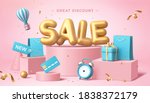 Sale poster in 3d pastel illustration, with cute balloon word on podium with some shopping related elements