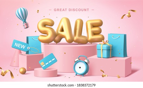 Sale poster in 3d pastel illustration, with cute balloon word on podium with some shopping related elements