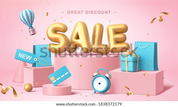 Sale poster in 3d\
pastel illustration, with cute balloon word on podium with some\
shopping related elements