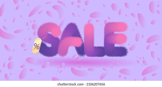 Sale poster in 3d trendy illustration, with fluffy letters and a tag on them. Skinny banner with liquid shapes. 