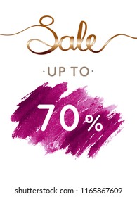 Sale poster: Sale up to 70% lettering. Pink watercolor background. 