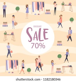 Sale poster background. Flat design of group people walking in the shop. Editable vector illustration.