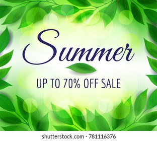 Sale poster background with green leaves, vector illustration