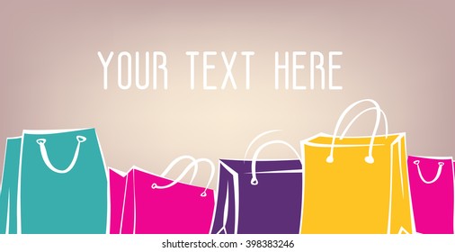 Sale poster background. Vector layout. Colorful paper bags with white contour.