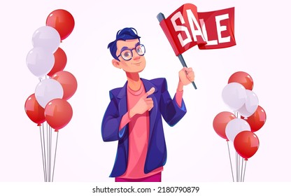 Sale Poster With Balloons And Man Hold Banner. Concept Of Discount, Special Offer In Shop, Promotion Flyer. Vector Cartoon Illustration Of Man Pointing On Text On Red Flag