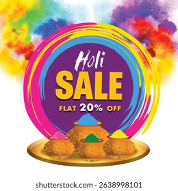 Sale poster, banner, or flyer for the Holi Festival. Creative Sale Poster, Banner or Flyer design with dry colours and sweets for the Indian Festival, Happy Holi celebration