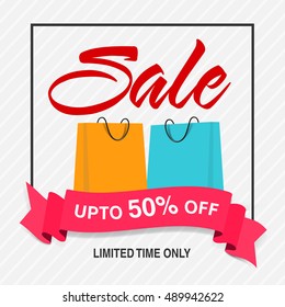 Sale Poster, Banner, Flyer or Pamphlet with Discount Upto 50% Off for Limited Time Only, Shopping Bags and pink Ribbon.