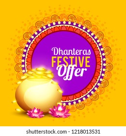 
Sale poster or sale banner with golden shiny pot filled with gold coins of indian dhanteras diwali festival celebration background. Shubh dhanteras.