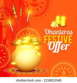 
Sale poster or sale banner with golden shiny pot filled with gold coins of indian dhanteras diwali festival celebration background. Shubh dhanteras.