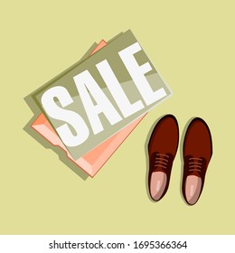 Sale, poster or banner shoes with a discountt. Shoes with box top view. Flat vector illustration