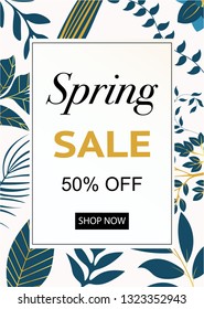 Sale poster, banner for spring. Elegant sale and discount promo background with floral pattern. Vector illustrations for website, mobile website banner, social media, shopping mall and campaigns.