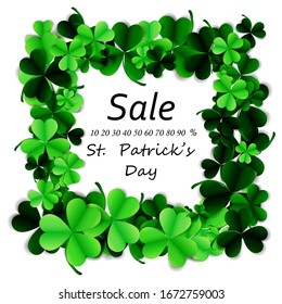 
Sale poster, banner for St. Patrick's Day. Vector illustration, green leaf clover. Frame