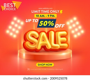 Sale Poster or banner template with blank product podium scene on orange background.Sales banner template design for social media and website. Special Offer Sale 50% Off campaign or promotion.