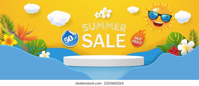 Sale Poster Banner With Tropical Palm Tree With Gradient Mesh, Vector Illustration
